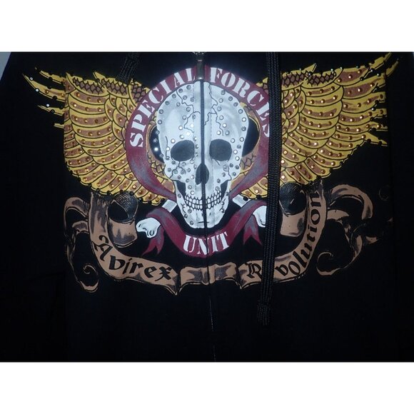 Avirex Hoodie Mens  Black Embroidered Winged Skull Full Zip Streetwear 2XB EUC‎ - Picture 2 of 7